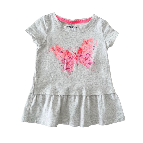 OshKosh B'gosh Other - OshKosh B'gosh Gray w/Pink Floral Butterfly & Ruffle Hem, Graphic Tee | Girl 2T